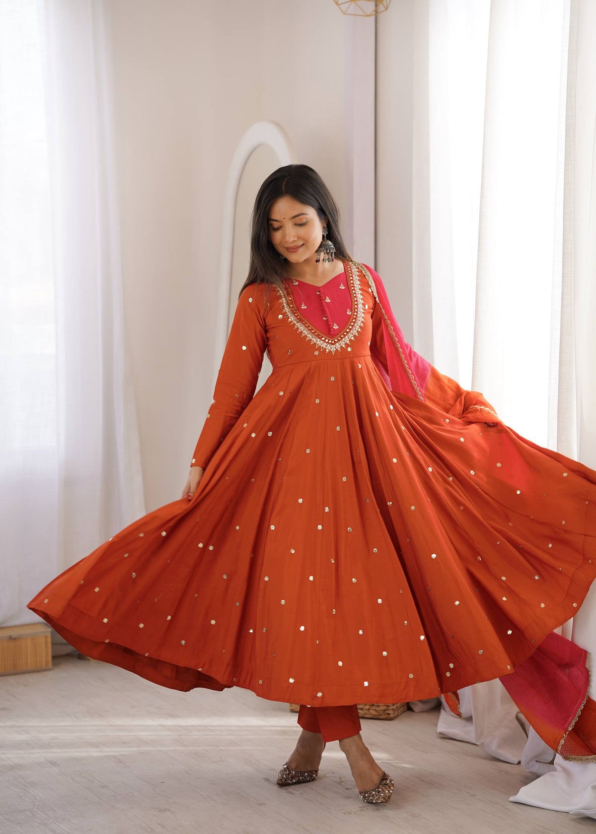 WEDDING & FESTIVE WEAR RUST ORANGE ROMAN SILK ANARKALI SET