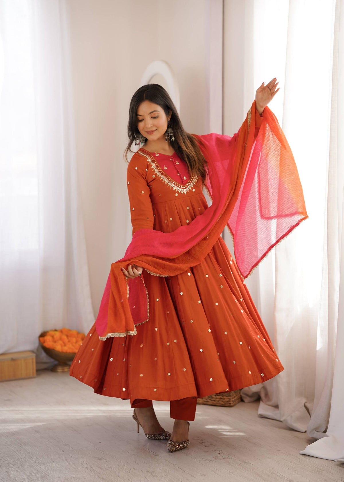 WEDDING & FESTIVE WEAR RUST ORANGE ROMAN SILK ANARKALI SET
