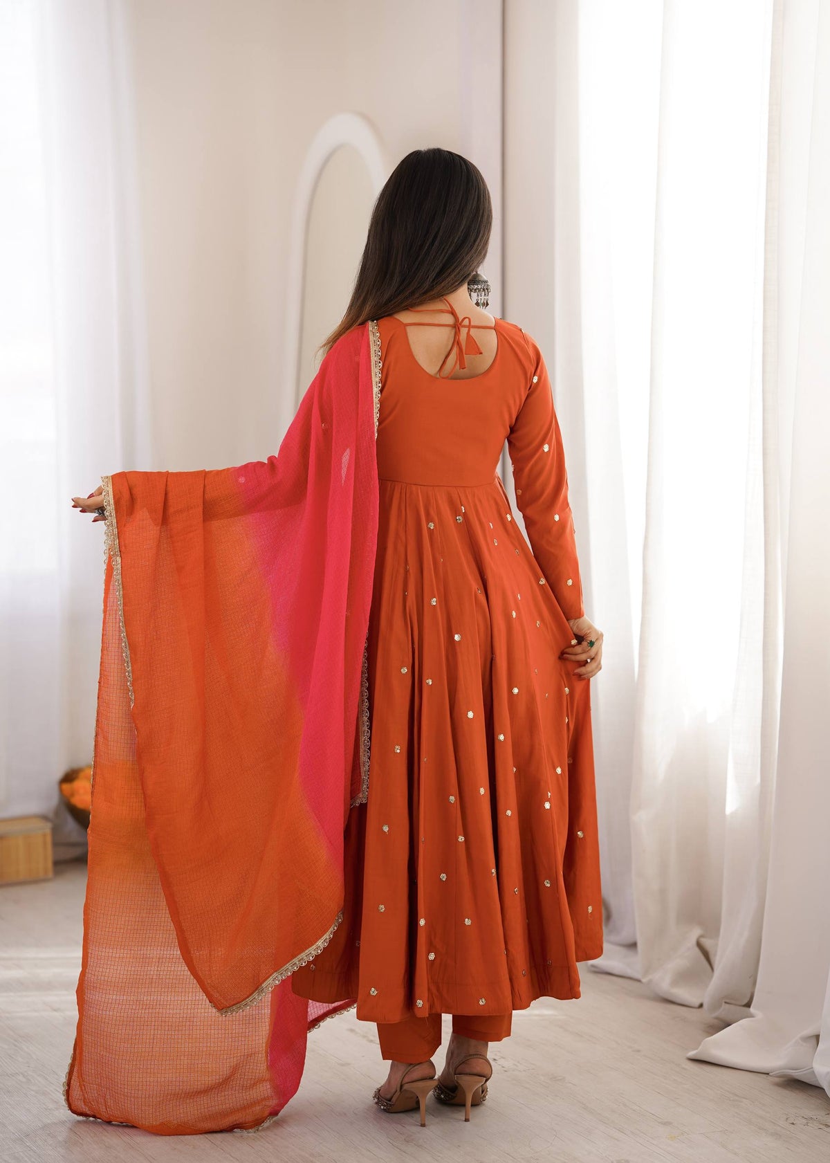 WEDDING & FESTIVE WEAR RUST ORANGE ROMAN SILK ANARKALI SET