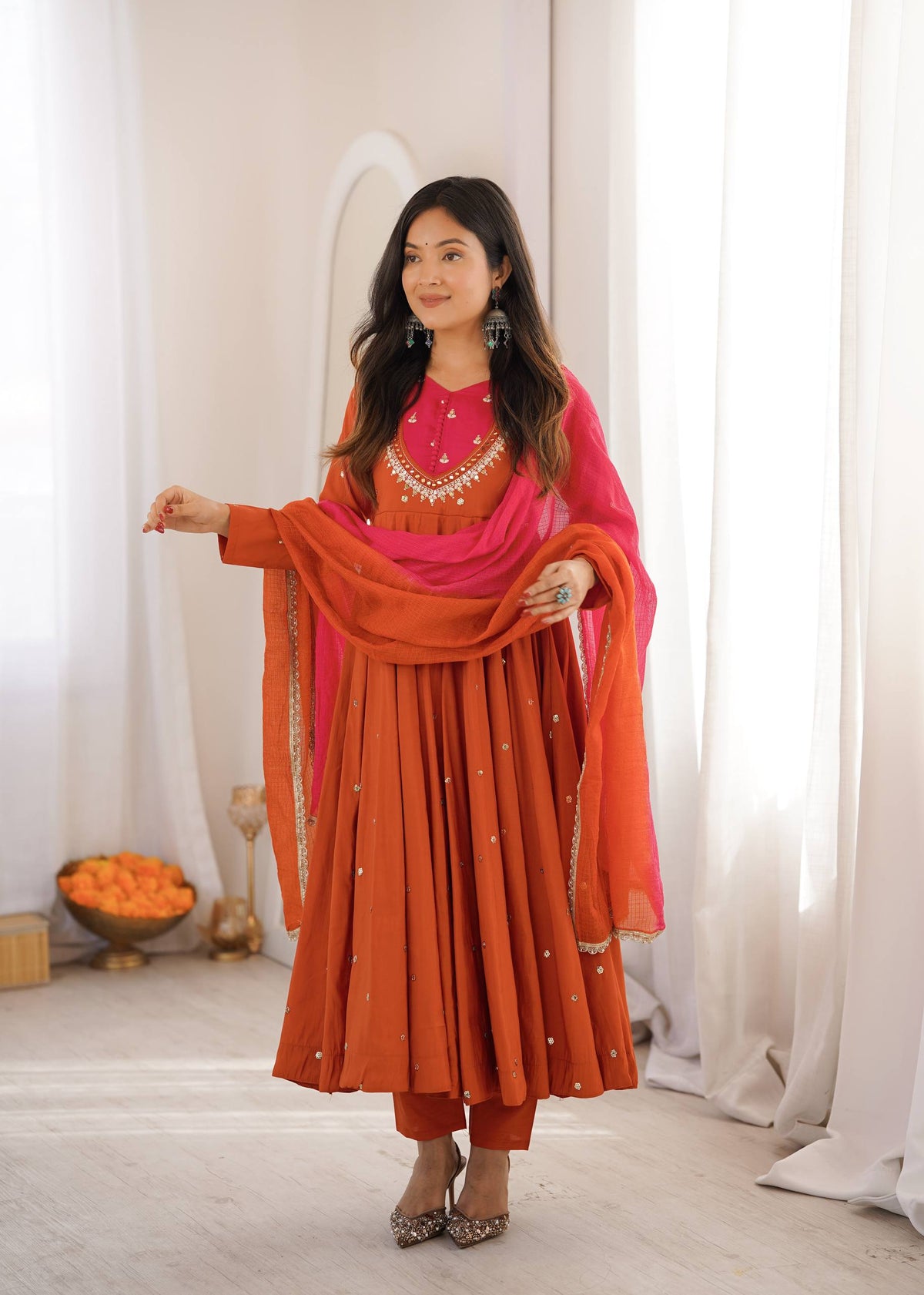 WEDDING & FESTIVE WEAR RUST ORANGE ROMAN SILK ANARKALI SET