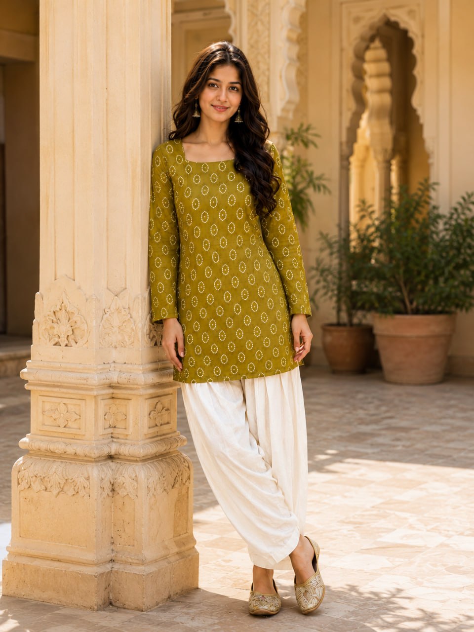 MEHENDI BANDHEJ STRAIGHT KURTI WITH FARSI SALWAR