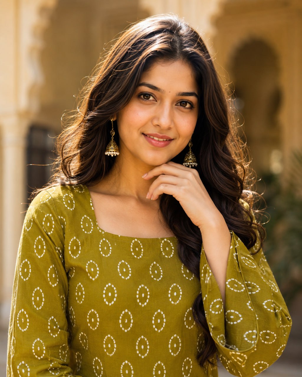 MEHENDI BANDHEJ STRAIGHT KURTI WITH FARSI SALWAR