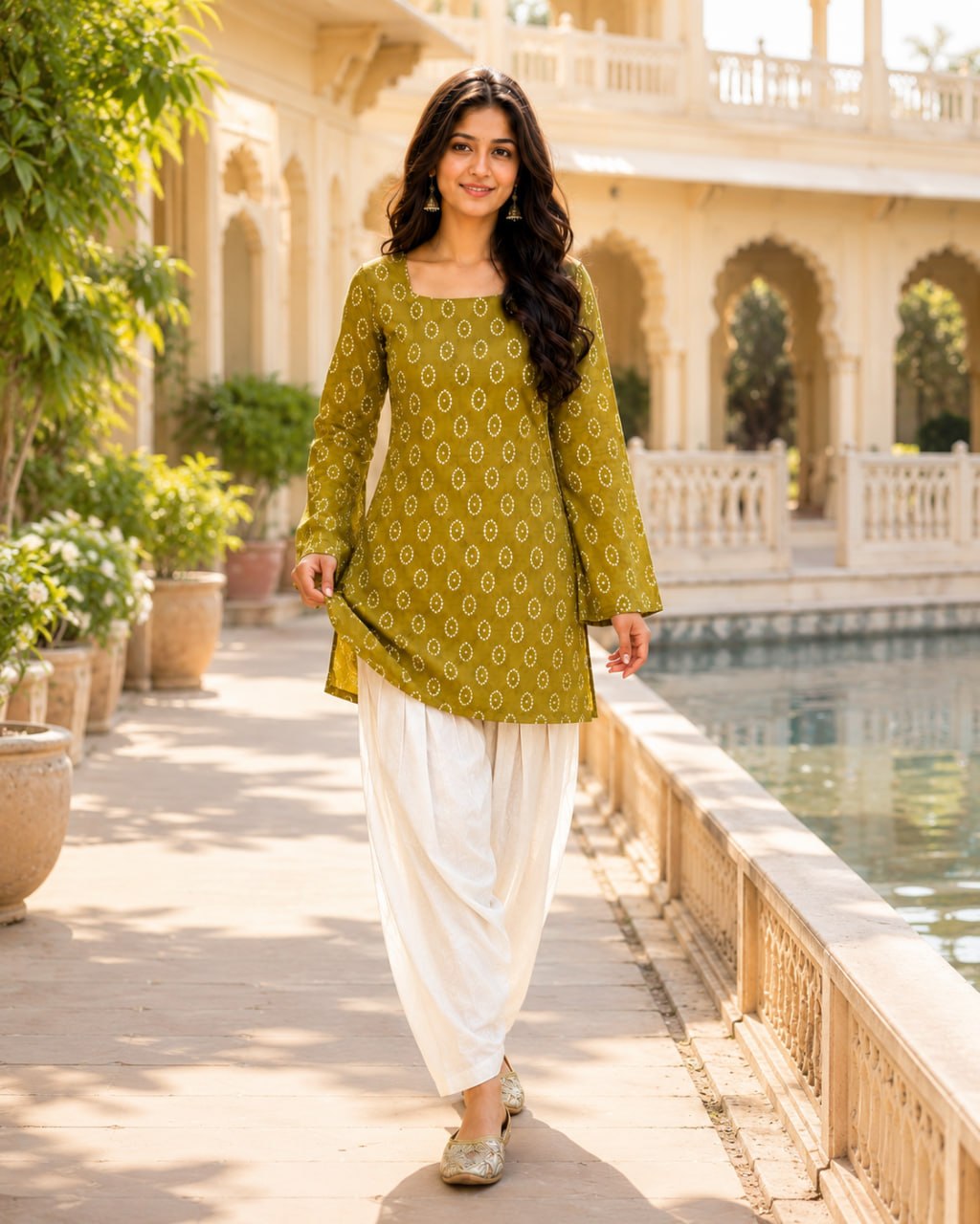 MEHENDI BANDHEJ STRAIGHT KURTI WITH FARSI SALWAR