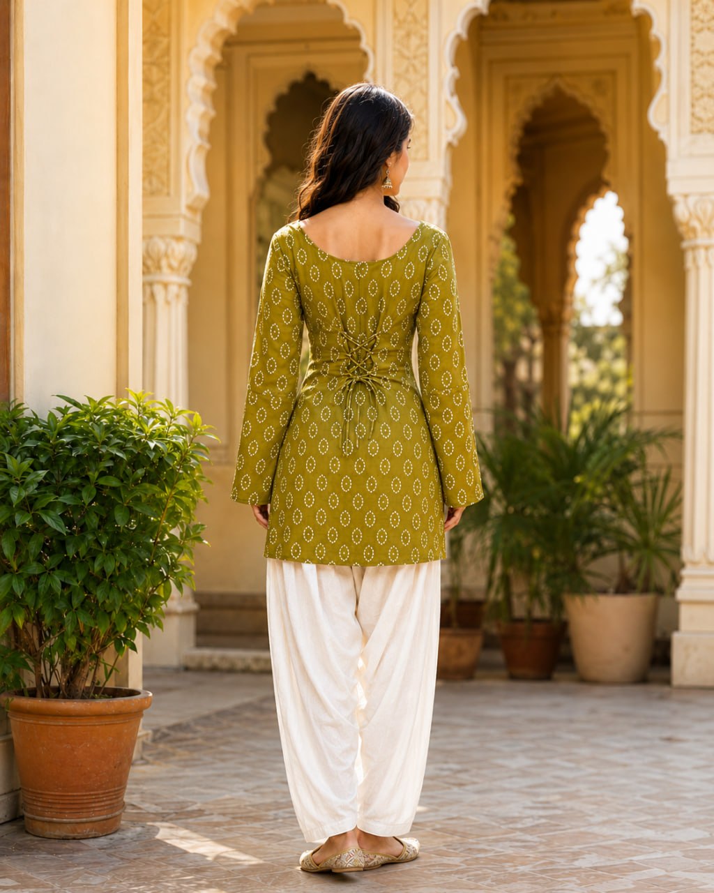MEHENDI BANDHEJ STRAIGHT KURTI WITH FARSI SALWAR
