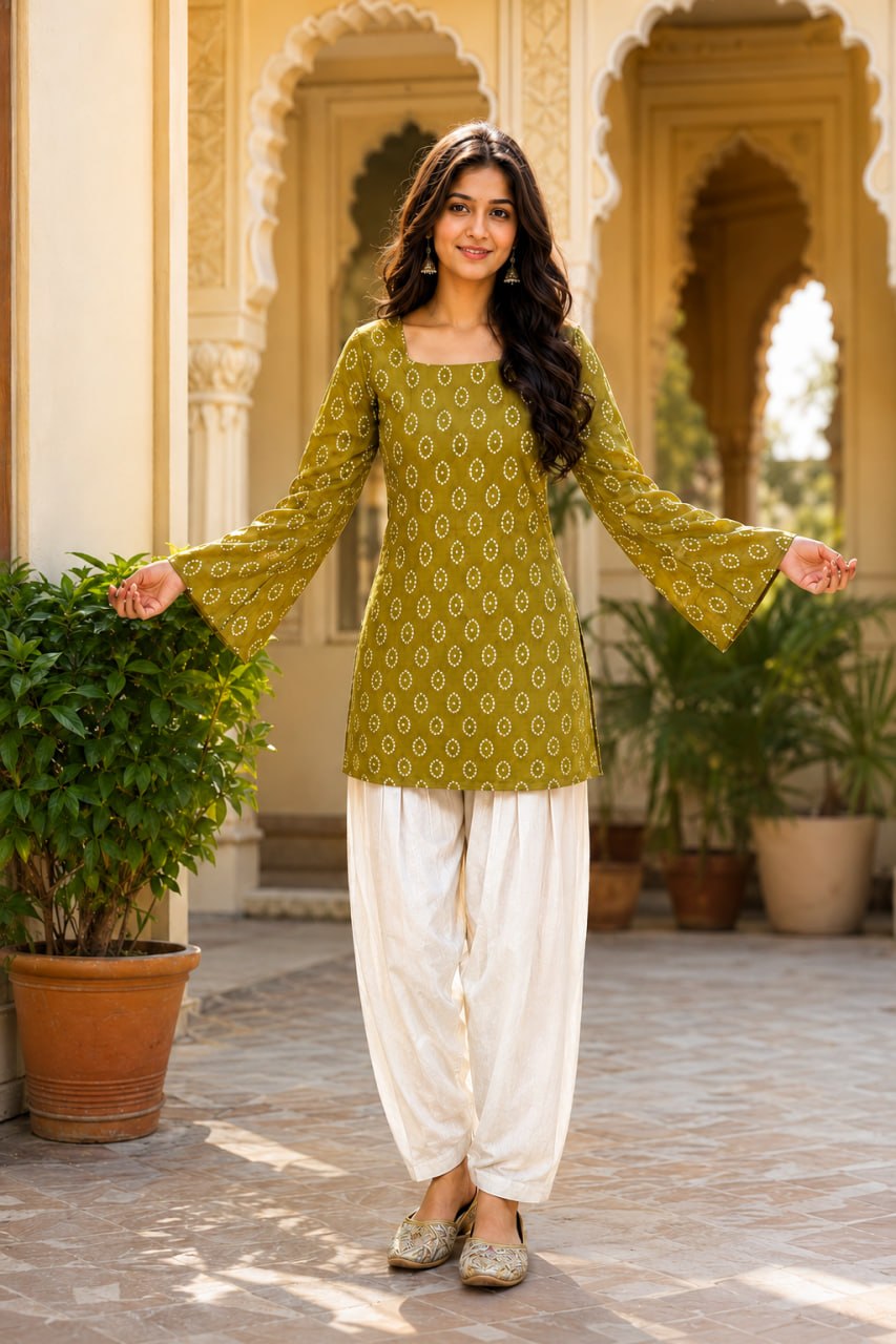 MEHENDI BANDHEJ STRAIGHT KURTI WITH FARSI SALWAR
