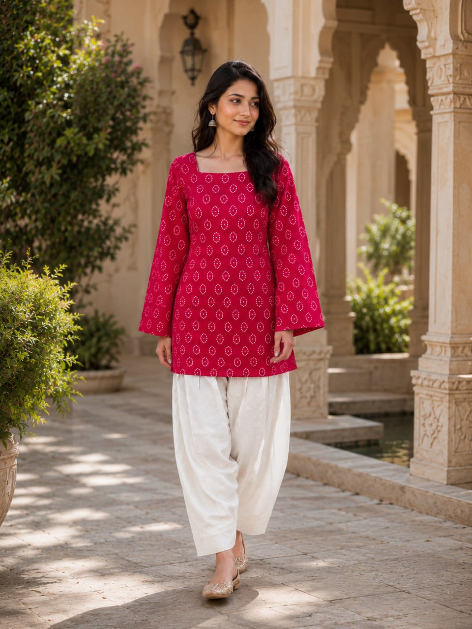 PINK BANDHEJ STRAIGHT KURTI WITH FARSI SALWAR