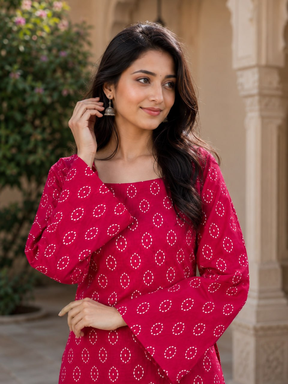 PINK BANDHEJ STRAIGHT KURTI WITH FARSI SALWAR