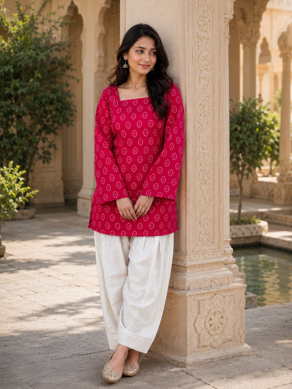 PINK BANDHEJ STRAIGHT KURTI WITH FARSI SALWAR