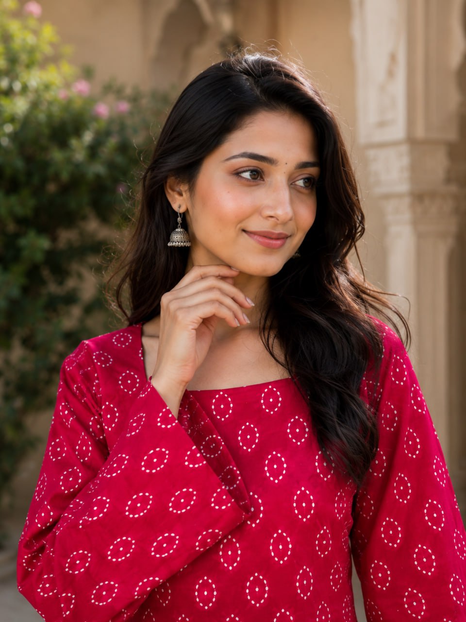 PINK BANDHEJ STRAIGHT KURTI WITH FARSI SALWAR