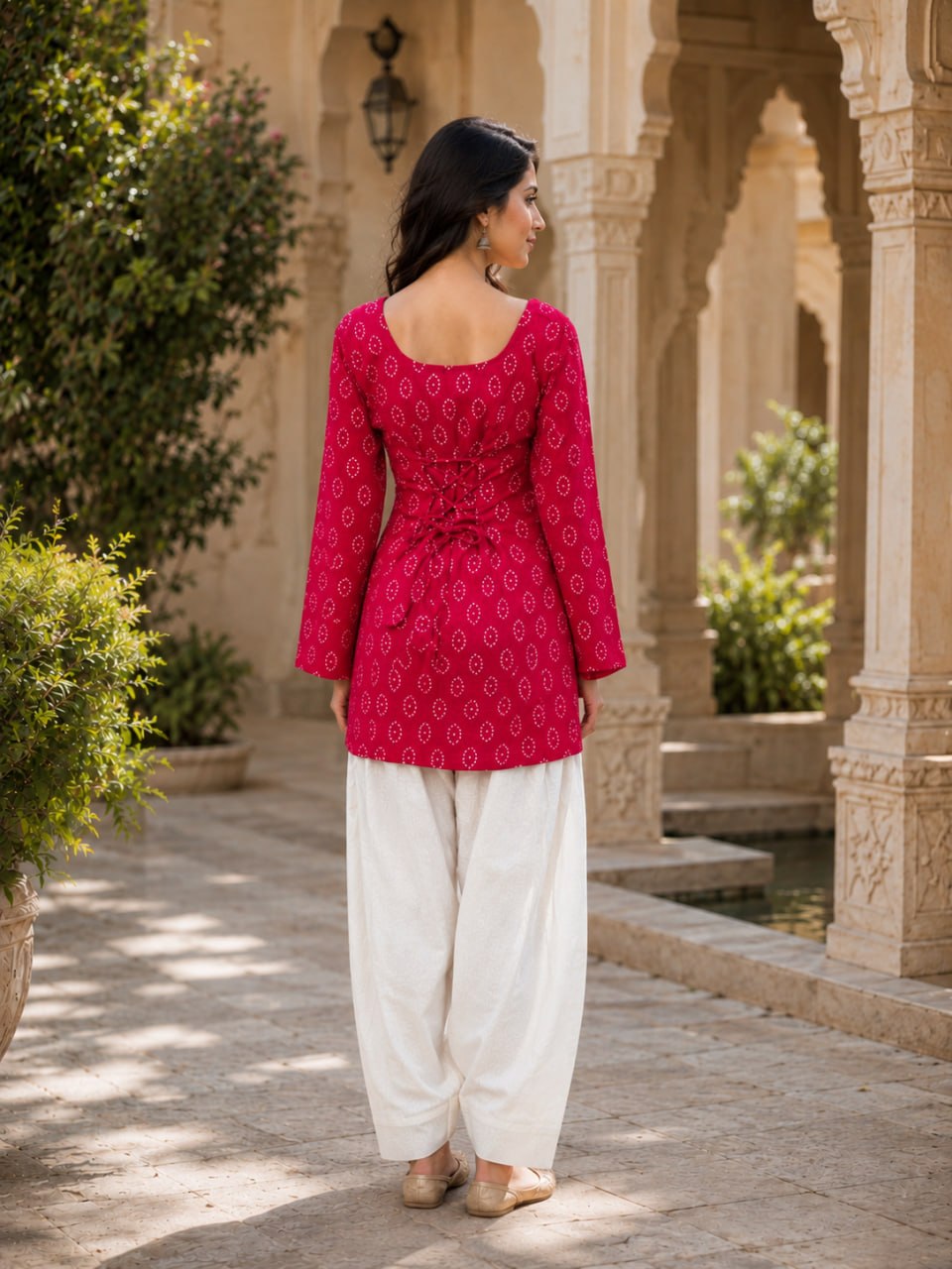 PINK BANDHEJ STRAIGHT KURTI WITH FARSI SALWAR