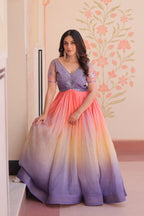 LAVENDER PINK COLOR GOLD CRUSH EMBROIDERED WORK GOWN