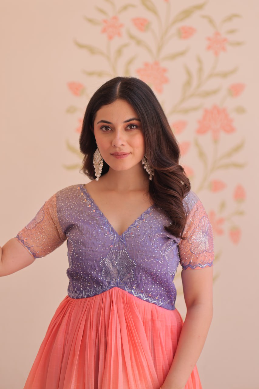 LAVENDER PINK COLOR GOLD CRUSH EMBROIDERED WORK GOWN