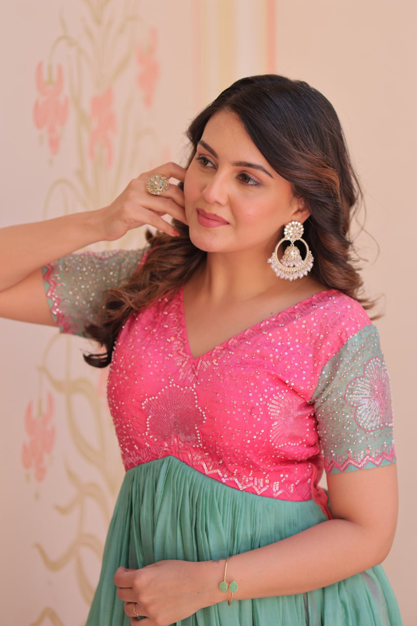 PINK COLOR GOLD CRUSH EMBROIDERED WORK GOWN