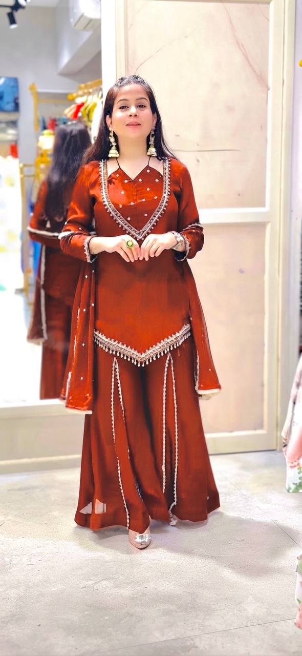 DESIGNER REDDISH ORANGE ROMAN GLASS SILK EMBROIDERED SHARARA SUIT SET