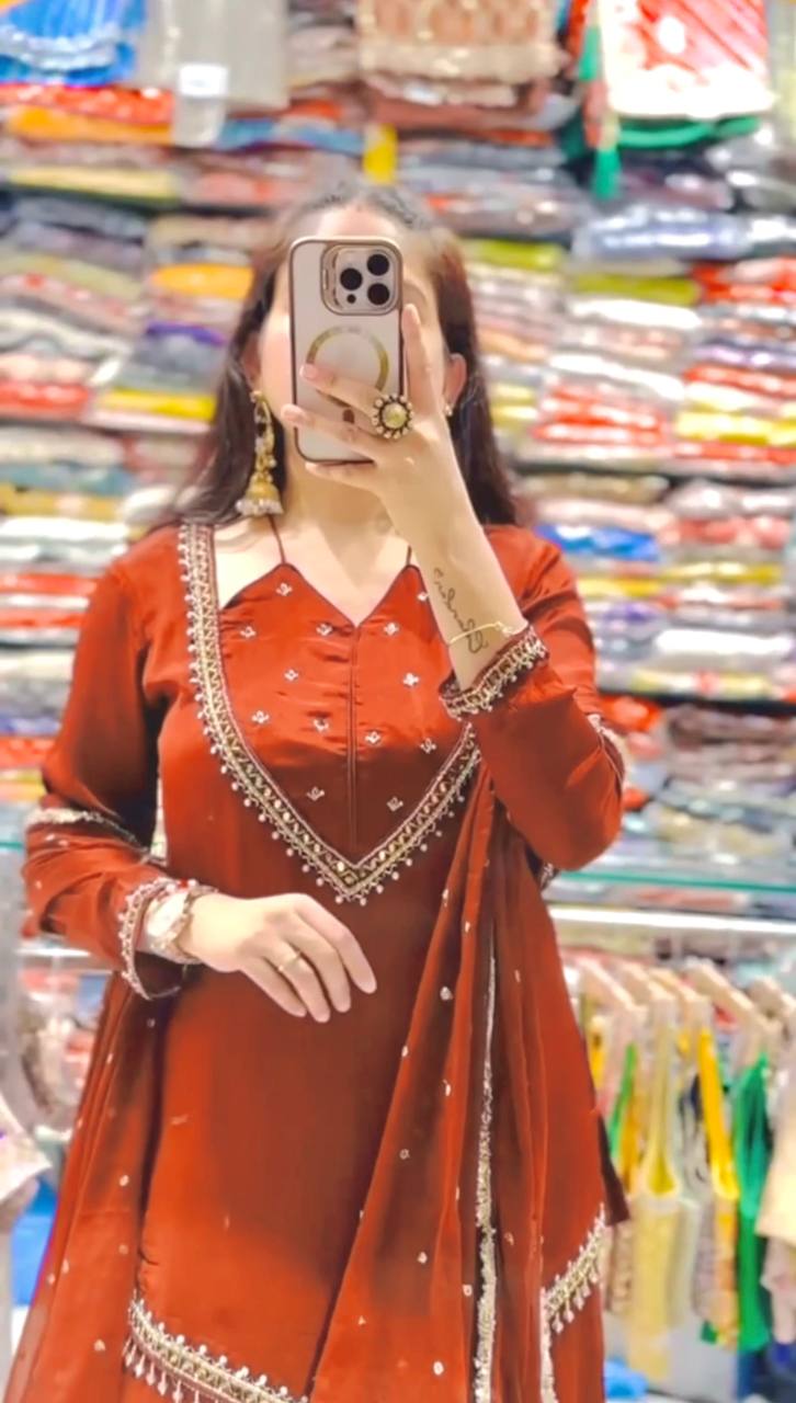 DESIGNER REDDISH ORANGE ROMAN GLASS SILK EMBROIDERED SHARARA SUIT SET