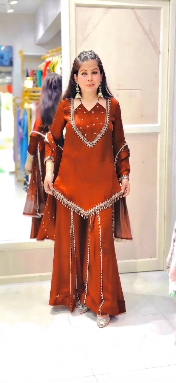 DESIGNER REDDISH ORANGE ROMAN GLASS SILK EMBROIDERED SHARARA SUIT SET