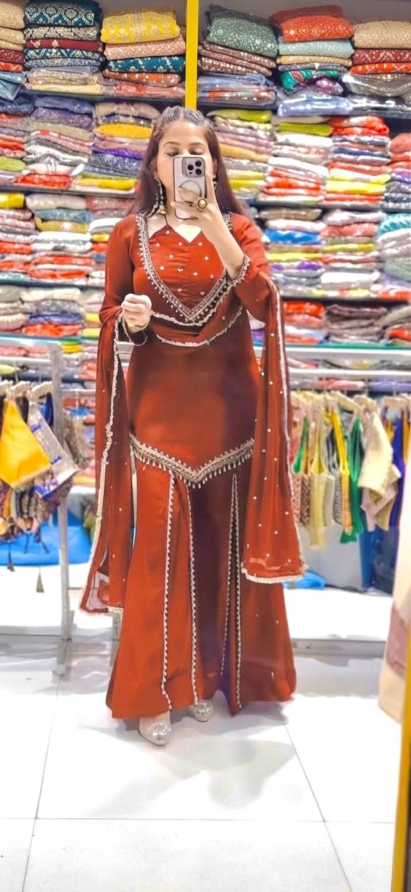 DESIGNER REDDISH ORANGE ROMAN GLASS SILK EMBROIDERED SHARARA SUIT SET