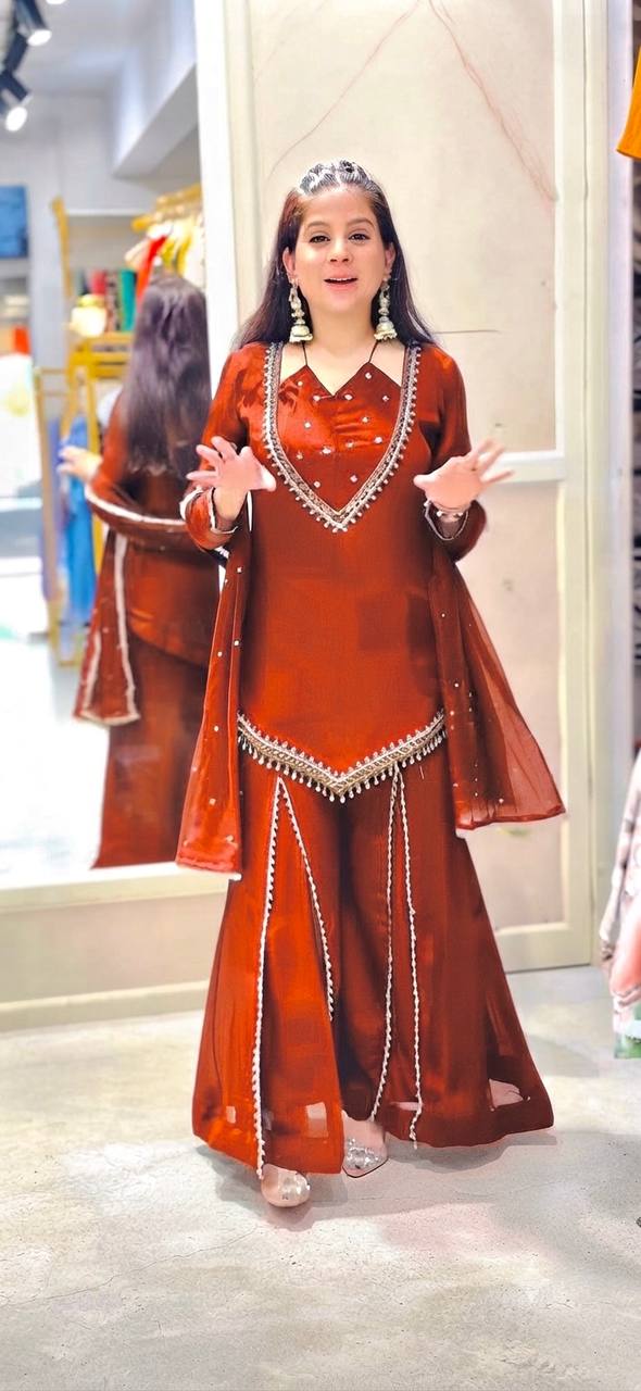 DESIGNER REDDISH ORANGE ROMAN GLASS SILK EMBROIDERED SHARARA SUIT SET