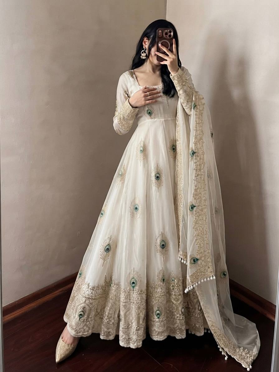 DESIGNER IVORY PEACOCK EMBROIDERED FLARED ANARKALI SUIT SET
