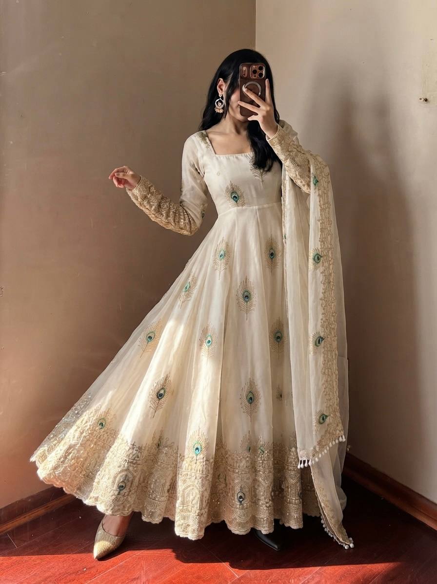DESIGNER IVORY PEACOCK EMBROIDERED FLARED ANARKALI SUIT SET