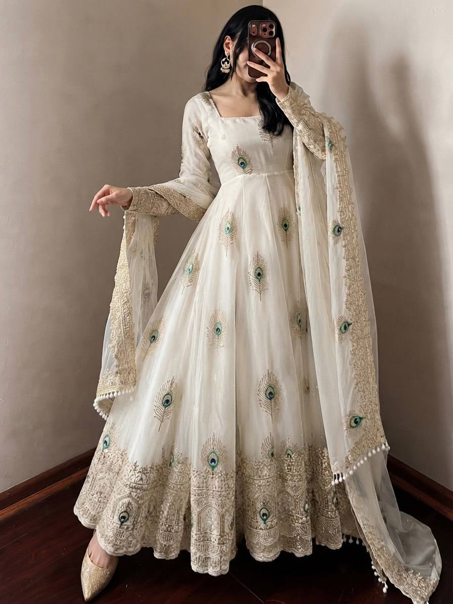 DESIGNER IVORY PEACOCK EMBROIDERED FLARED ANARKALI SUIT SET