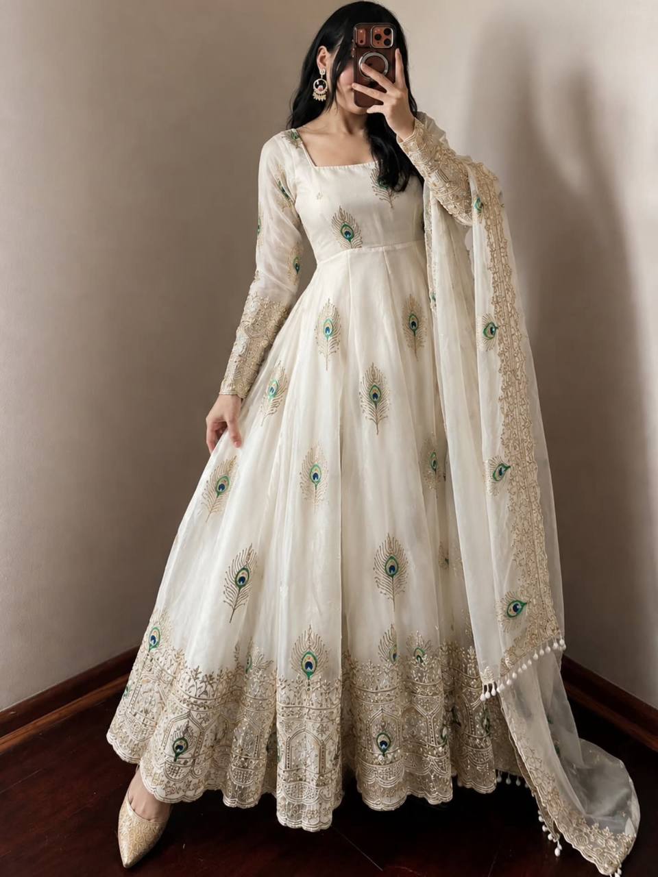 DESIGNER IVORY PEACOCK EMBROIDERED FLARED ANARKALI SUIT SET