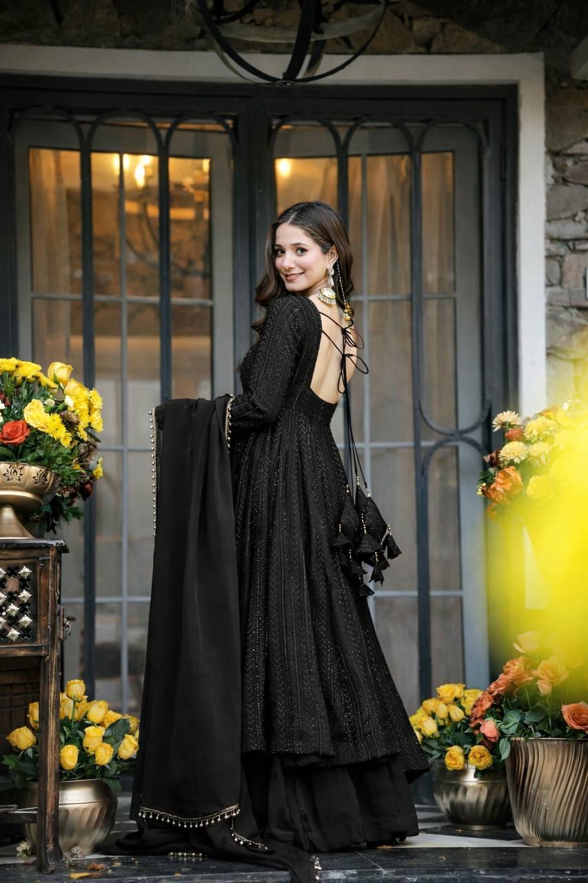 BLACK SHADES LUCKNOWI EMBROIDERED WORK ANARKALI SUIT SET