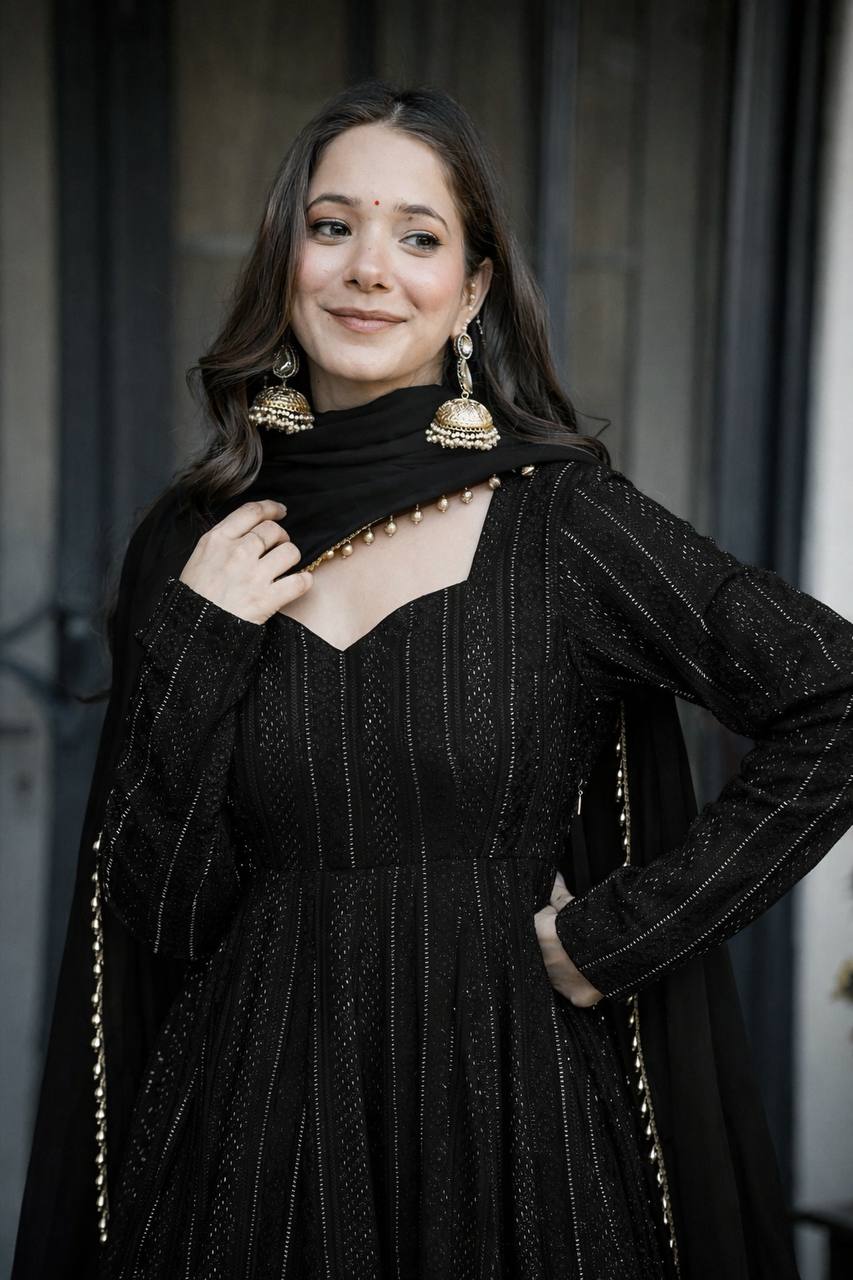 BLACK SHADES LUCKNOWI EMBROIDERED WORK ANARKALI SUIT SET