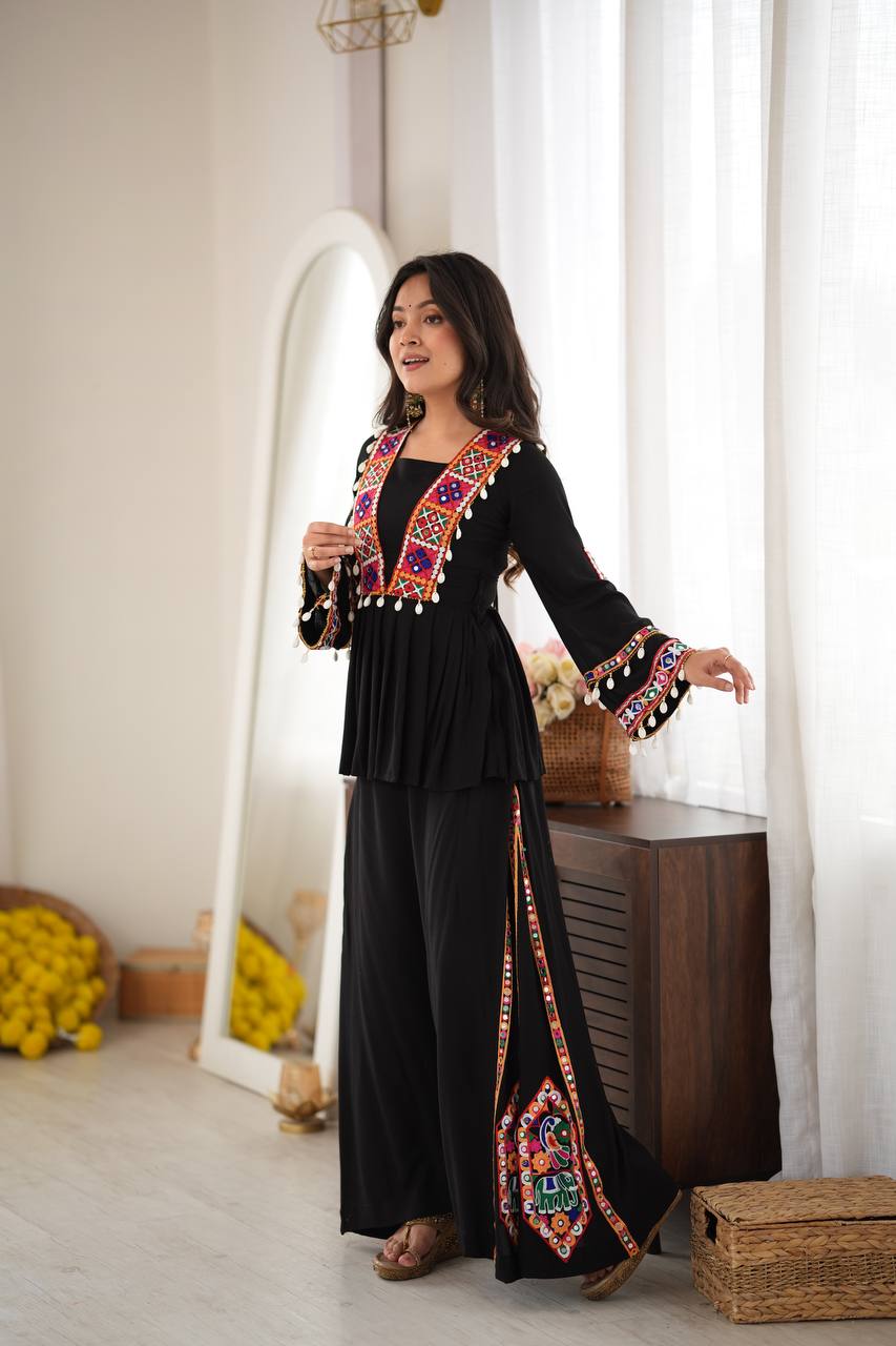 DESIGNER BLACK NAVRATRI SPECIAL KUTCHI MIRROR WORK FLARED KURTA PALAZZO SET