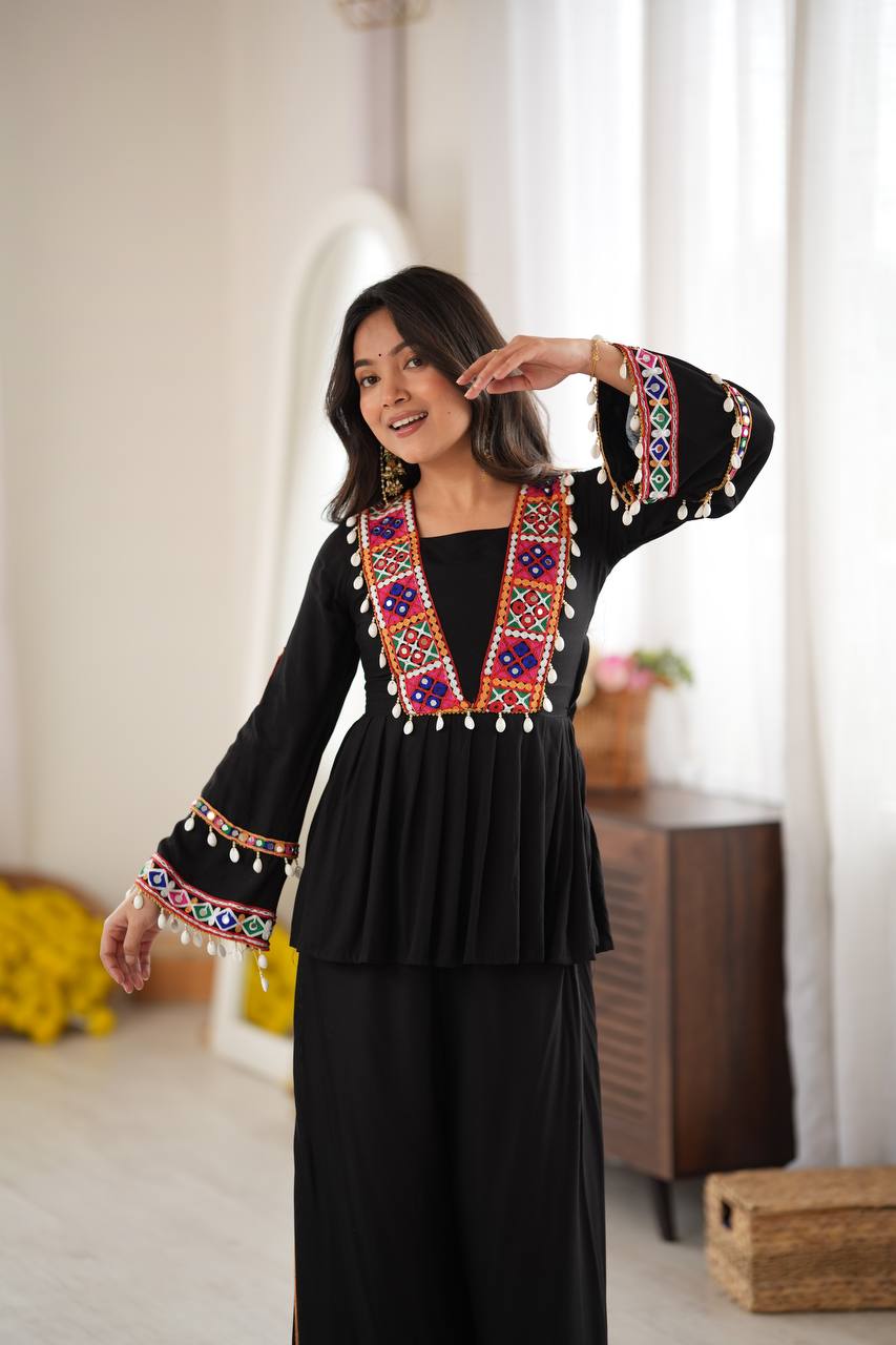 DESIGNER BLACK NAVRATRI SPECIAL KUTCHI MIRROR WORK FLARED KURTA PALAZZO SET