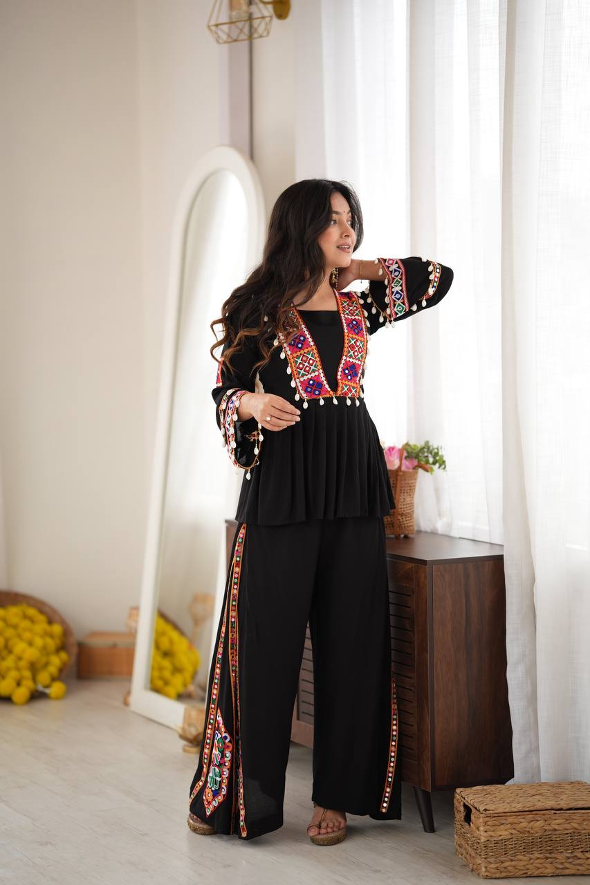 DESIGNER BLACK NAVRATRI SPECIAL KUTCHI MIRROR WORK FLARED KURTA PALAZZO SET