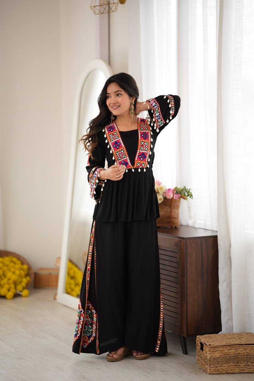 DESIGNER BLACK NAVRATRI SPECIAL KUTCHI MIRROR WORK FLARED KURTA PALAZZO SET