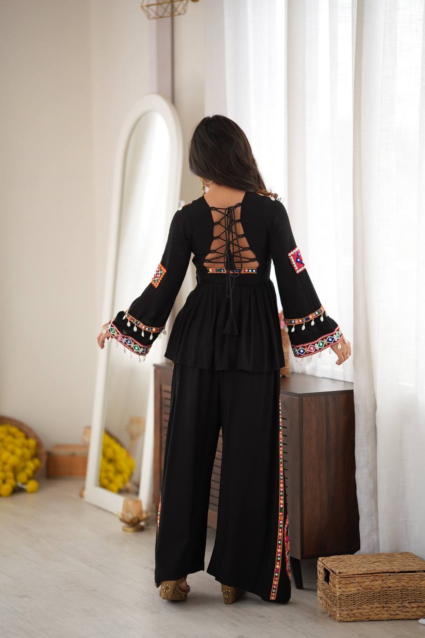 DESIGNER BLACK NAVRATRI SPECIAL KUTCHI MIRROR WORK FLARED KURTA PALAZZO SET