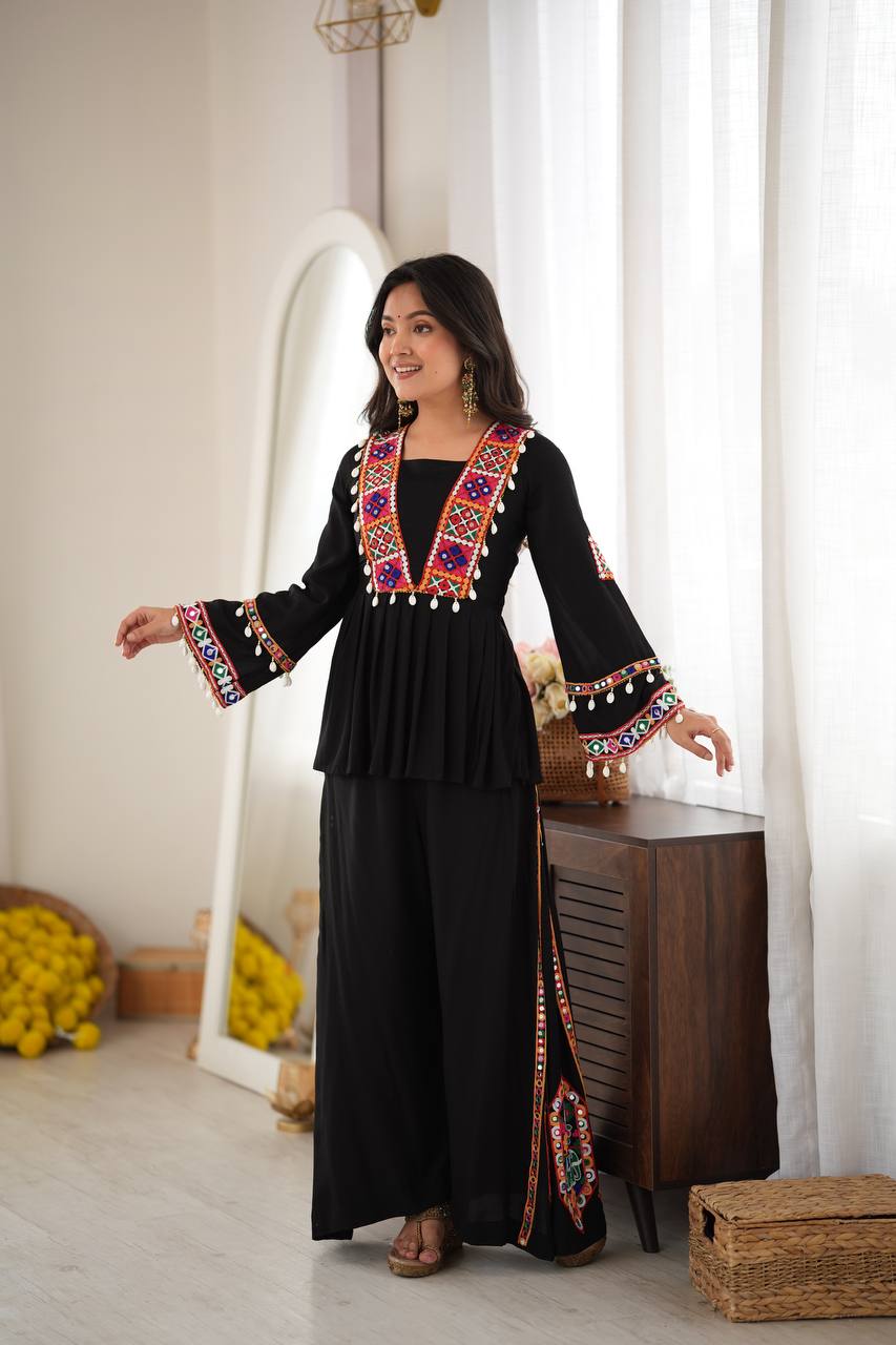DESIGNER BLACK NAVRATRI SPECIAL KUTCHI MIRROR WORK FLARED KURTA PALAZZO SET