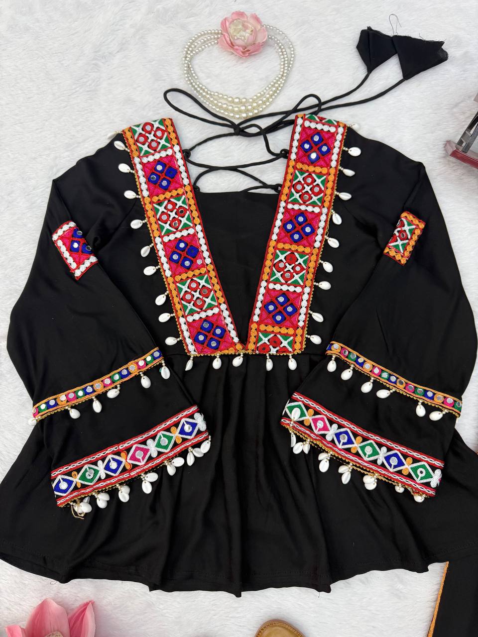 DESIGNER BLACK NAVRATRI SPECIAL KUTCHI MIRROR WORK FLARED KURTA PALAZZO SET