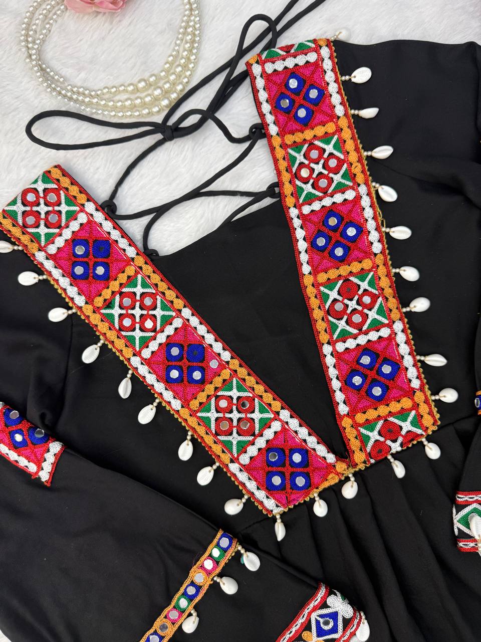 DESIGNER BLACK NAVRATRI SPECIAL KUTCHI MIRROR WORK FLARED KURTA PALAZZO SET