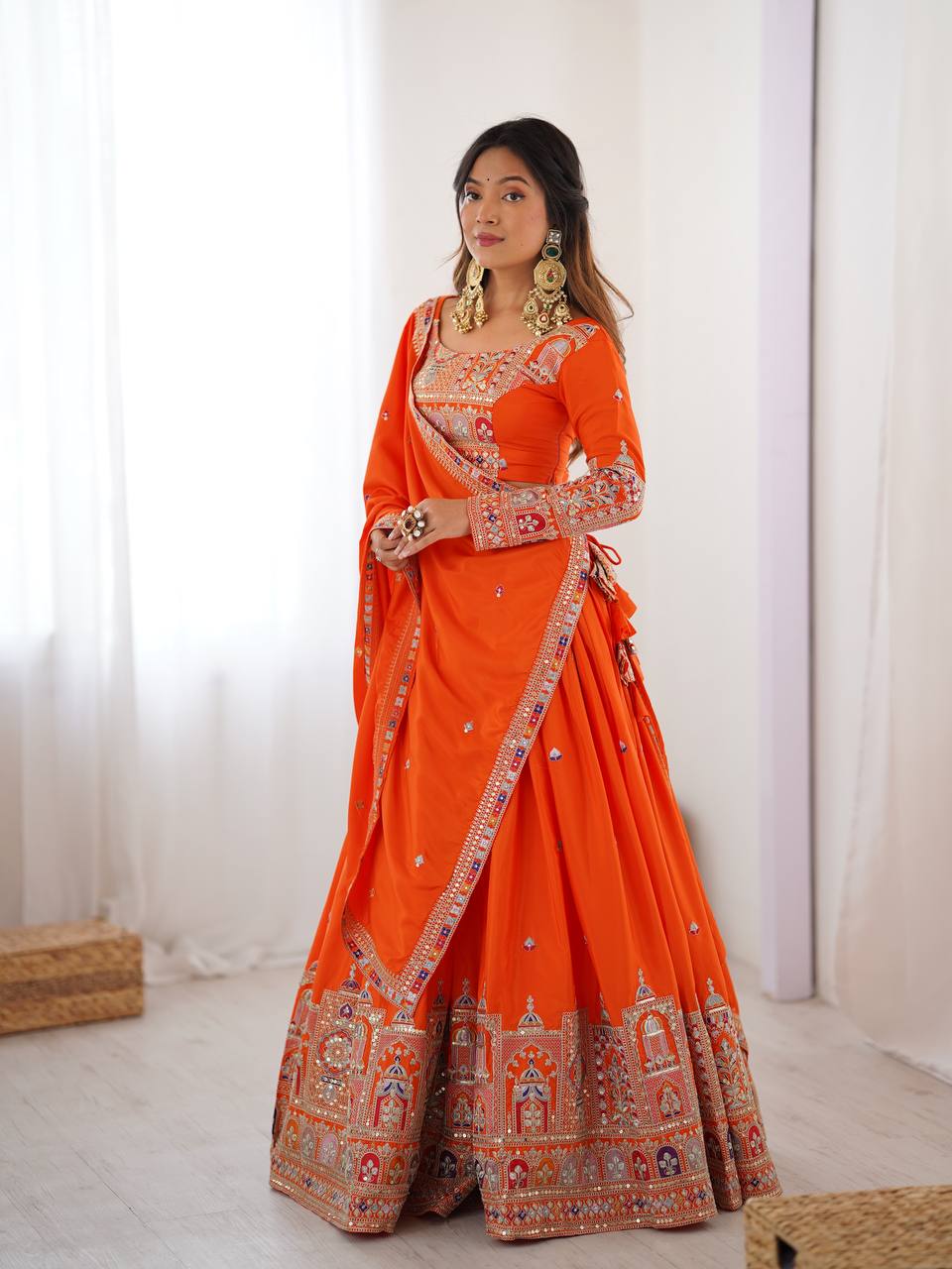 ORANGE COLOR NATURAL CREPE SILK LEHENGA CHOLI