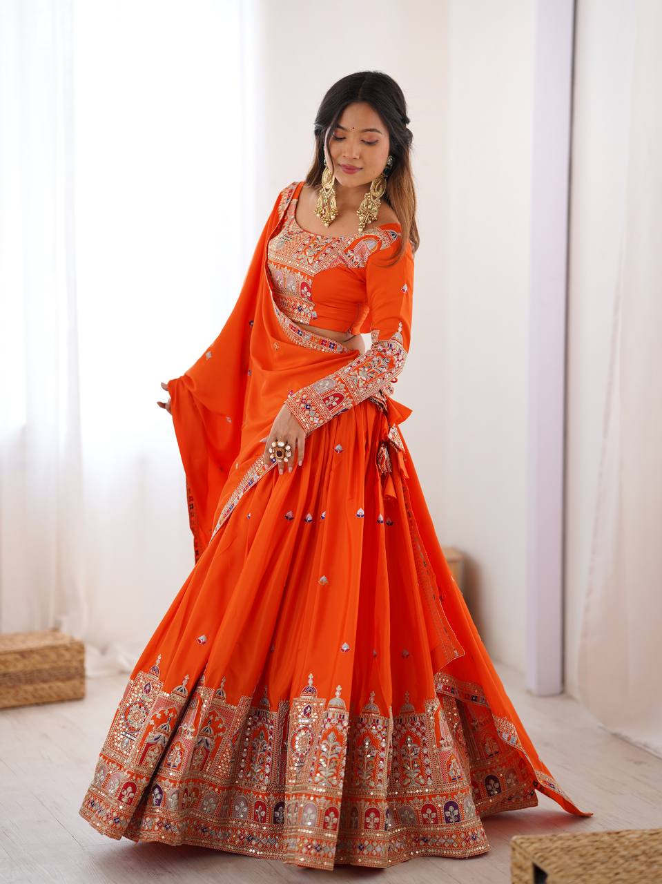 ORANGE COLOR NATURAL CREPE SILK LEHENGA CHOLI