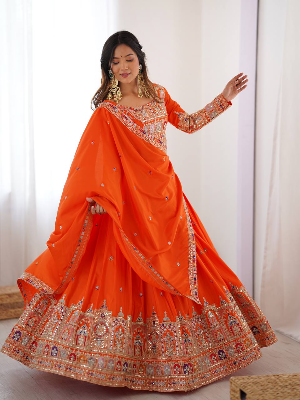 ORANGE COLOR NATURAL CREPE SILK LEHENGA CHOLI