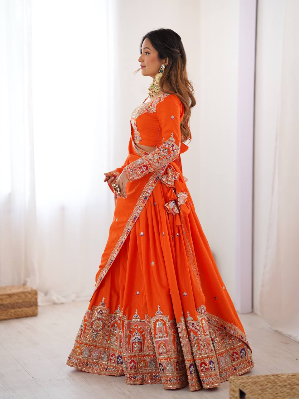 ORANGE COLOR NATURAL CREPE SILK LEHENGA CHOLI