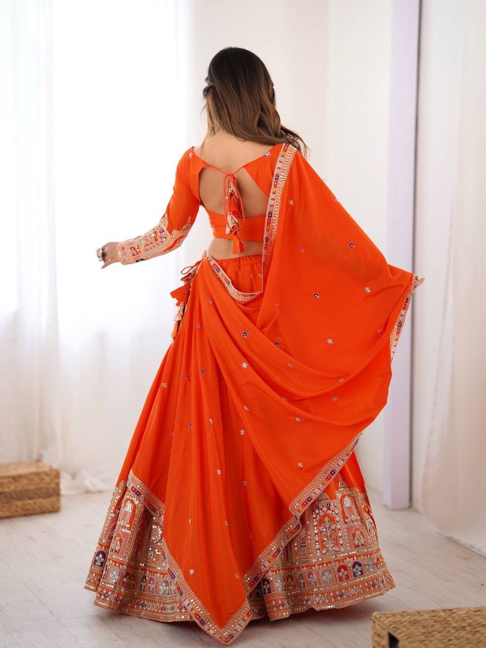 ORANGE COLOR NATURAL CREPE SILK LEHENGA CHOLI