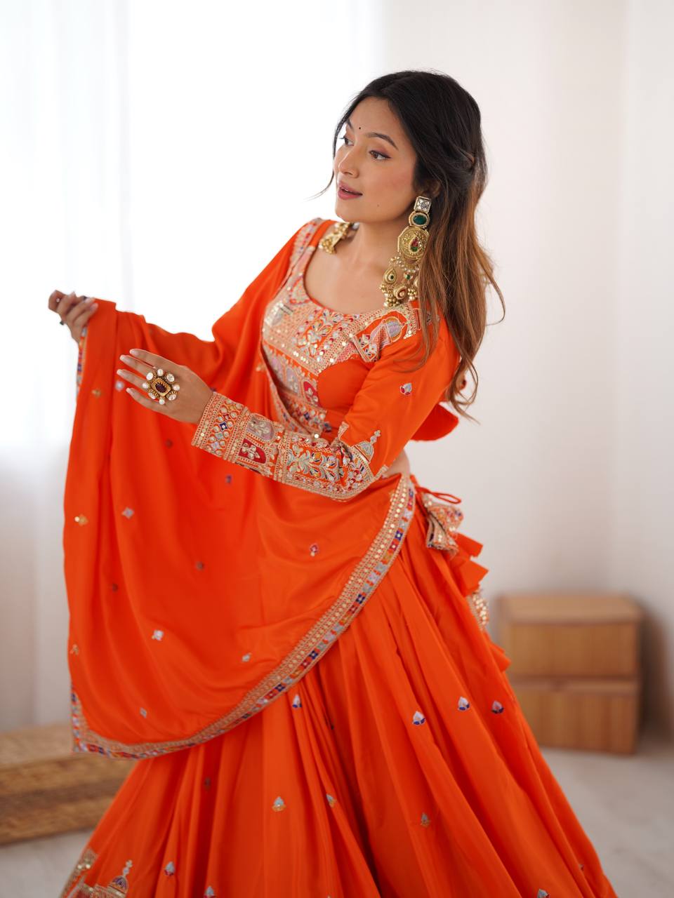 ORANGE COLOR NATURAL CREPE SILK LEHENGA CHOLI