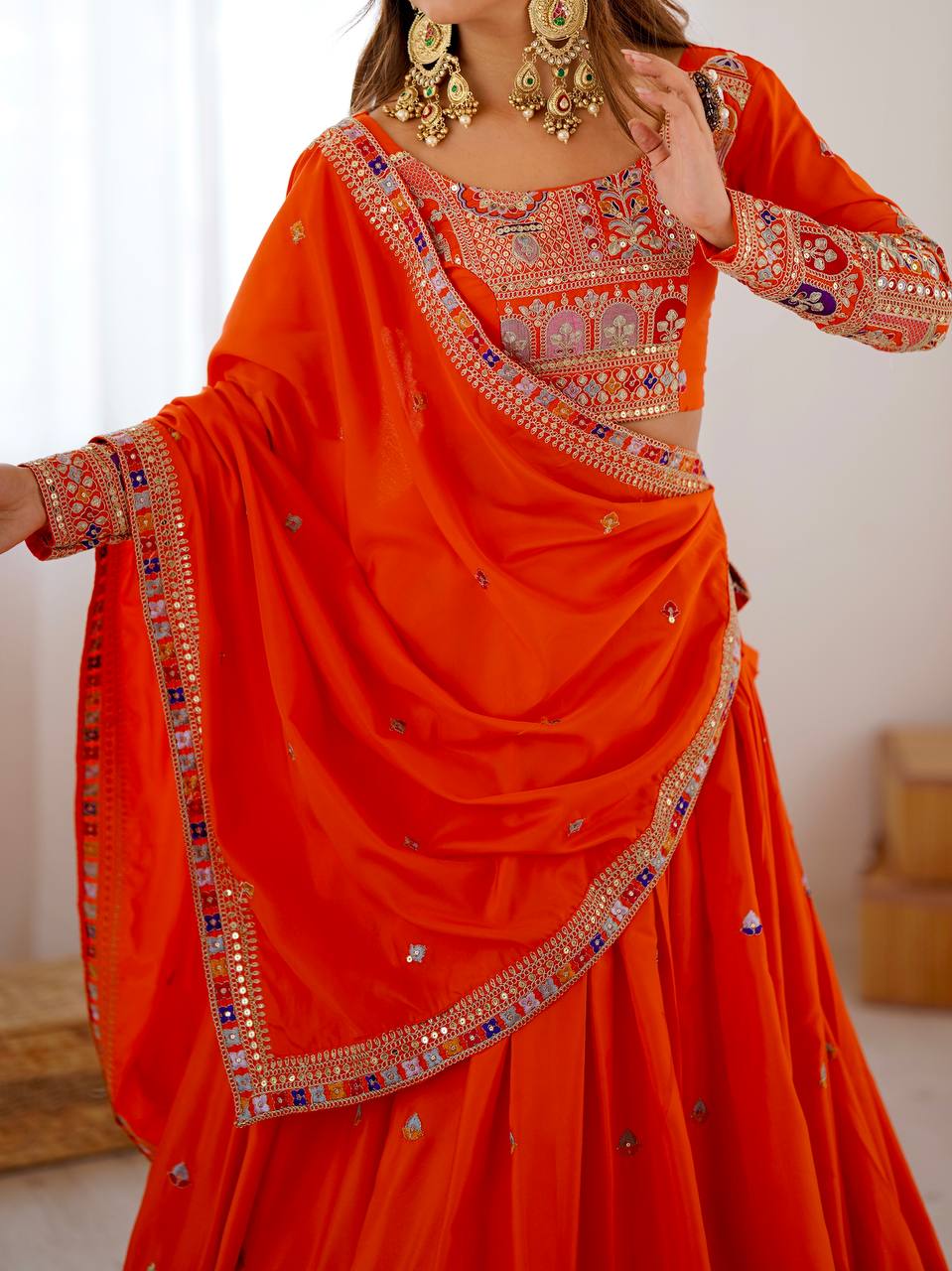 ORANGE COLOR NATURAL CREPE SILK LEHENGA CHOLI