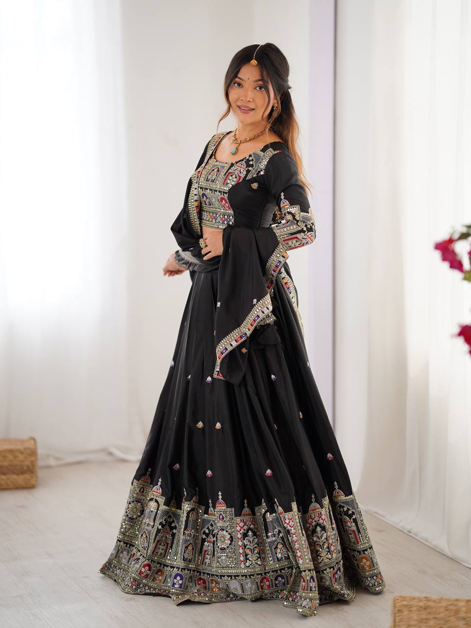BLACK COLOR NATURAL CREPE SILK LEHENGA CHOLI