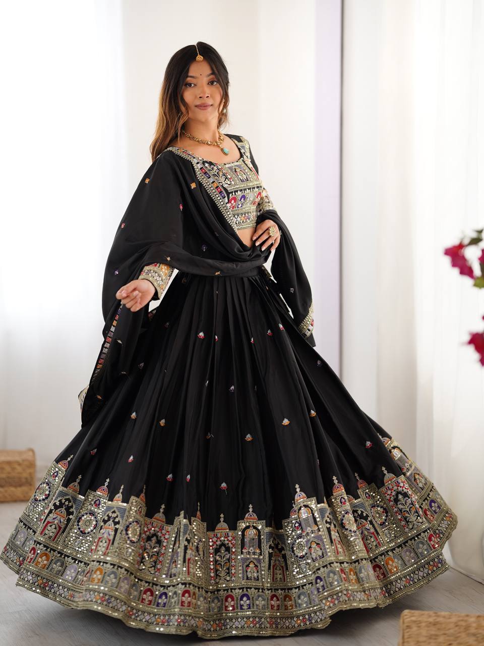 BLACK COLOR NATURAL CREPE SILK LEHENGA CHOLI