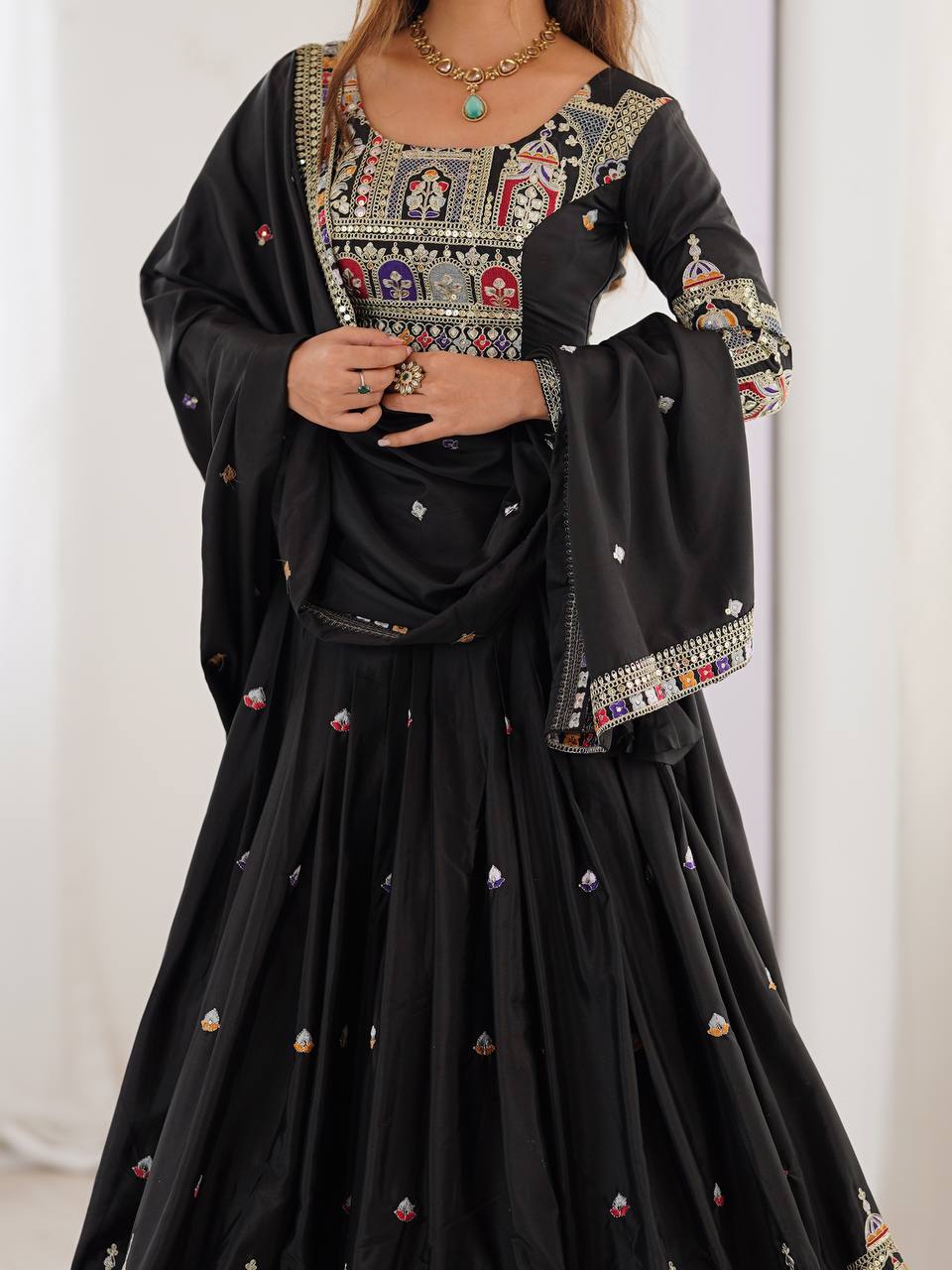 BLACK COLOR NATURAL CREPE SILK LEHENGA CHOLI