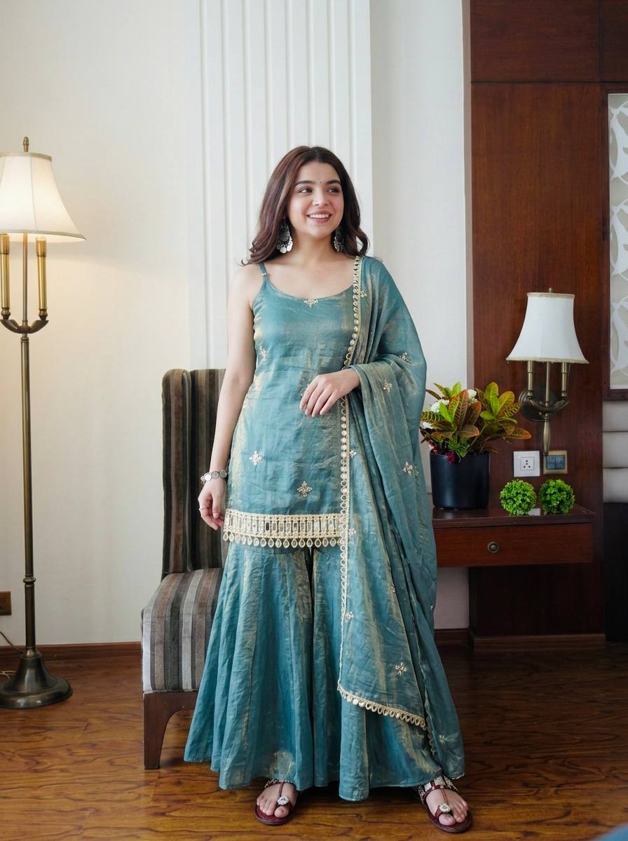 BLUE COLOR PREMIUM FENDY SILK BASE PLAZZO SUIT SET