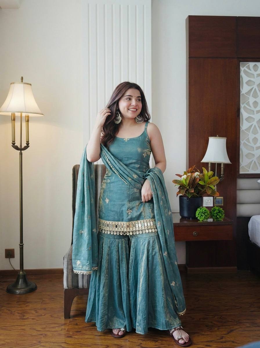 BLUE COLOR PREMIUM FENDY SILK BASE PLAZZO SUIT SET
