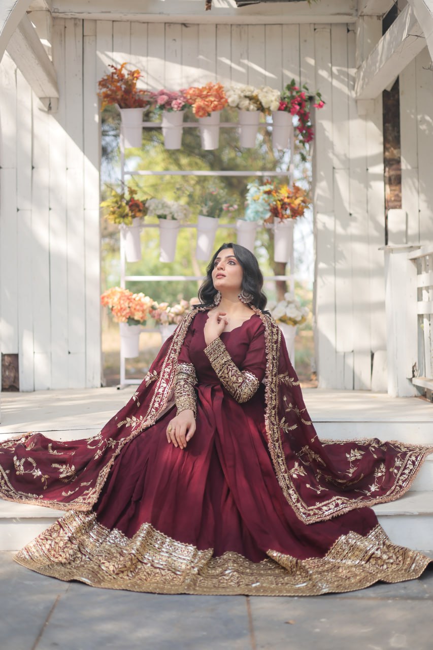 DARK MAROON COLOR VICHITRA SHIMMER SEQUENCE EMBROIDERED BRIDAL GOWNWITH DUPATTA