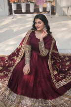 DARK MAROON COLOR VICHITRA SHIMMER SEQUENCE EMBROIDERED BRIDAL GOWNWITH DUPATTA